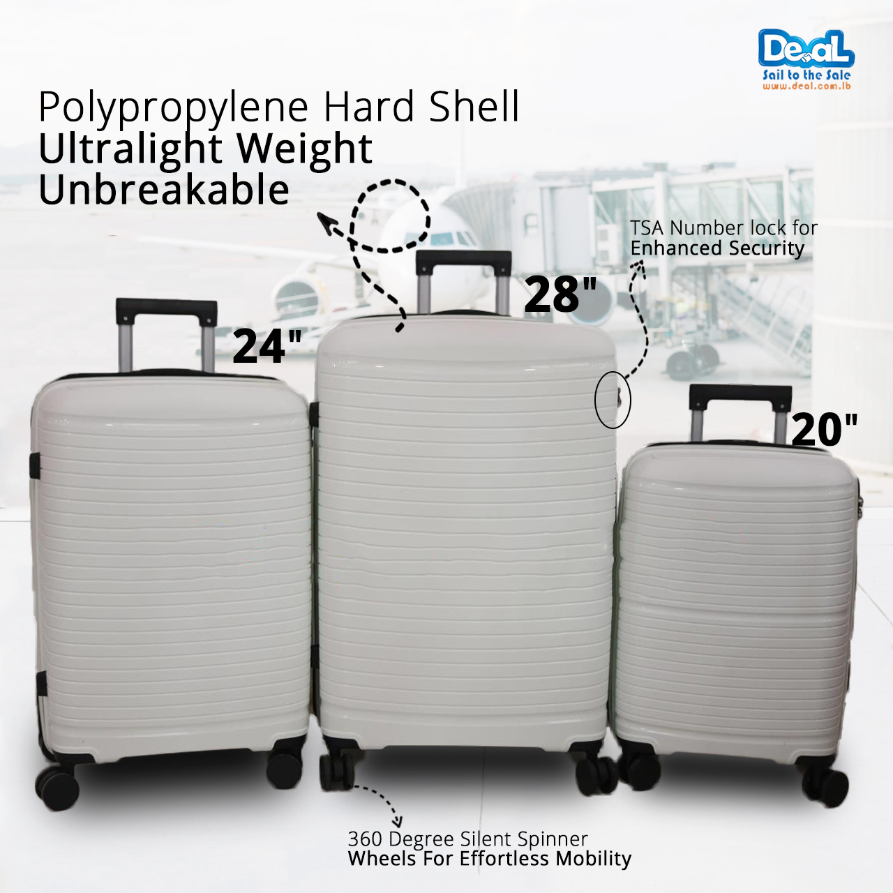 High Quality White Color Luggage Set of 3pcs 20inch 24inch 28inch