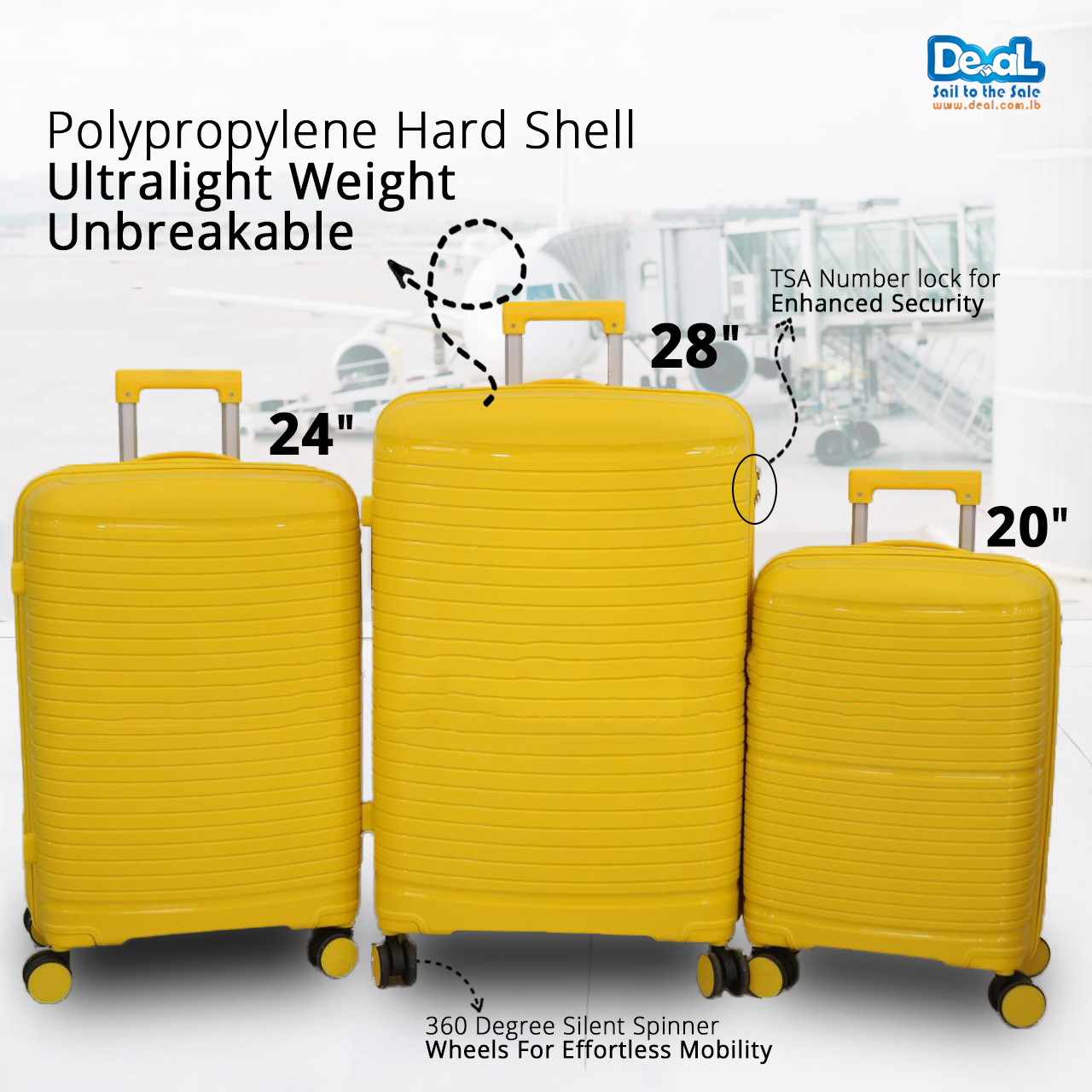 High Quality Yellow Color Luggage Set of 3pcs 20inch 24inch 28inch