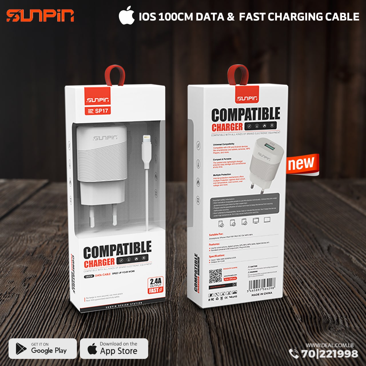 Sunpin SP17 IOS 100CM Data &  Fast Charging Cable 2.4A OUTPUT