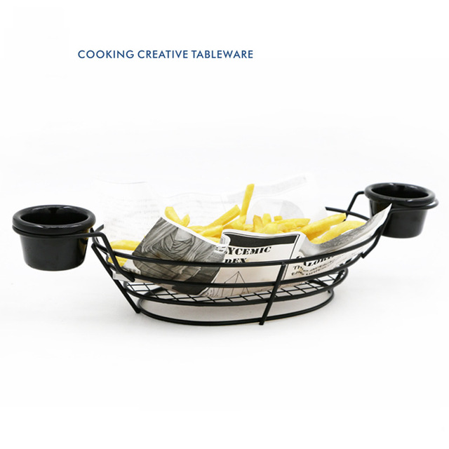 Iron Oval Serving Basket Fast Food Stand Black 1pcs