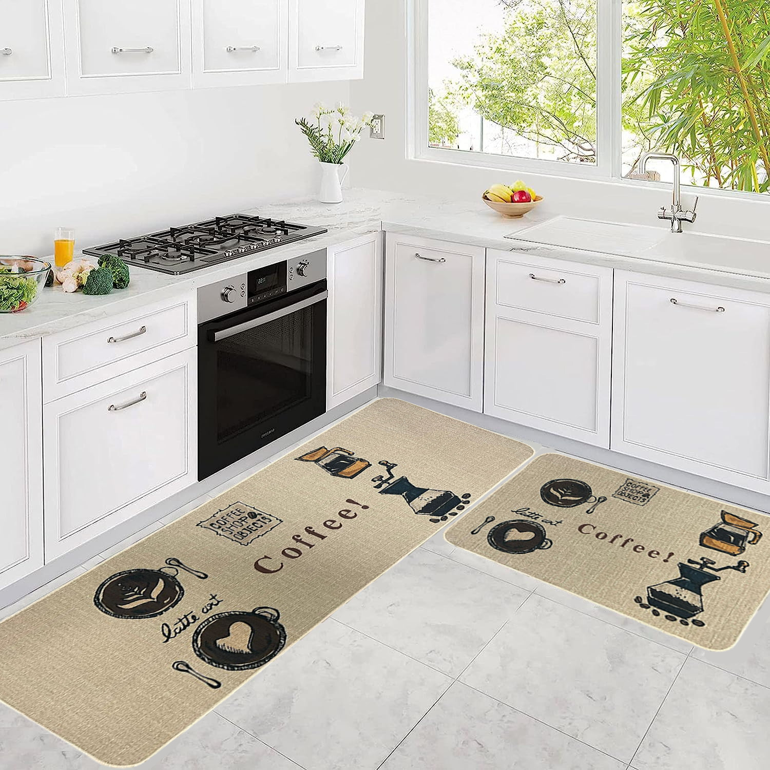 Kitchen Rug Set, 2 Pieces Kitchenware Style Non Slip Kitchen Mat, Easy to Clean Comfort Standing Mats for Kitchen, Home, Office,Laundry
