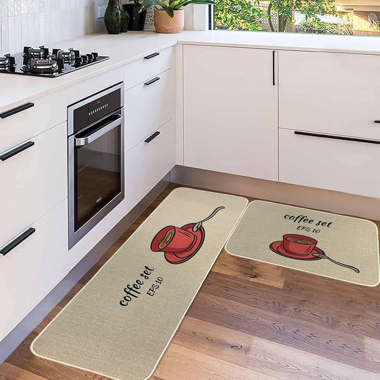Kitchen Rugs Set, 2 Pieces Kitchenware Style Non Slip Kitchen Mat, Easy to Clean Comfort Standing Mats for Kitchen, Home, Office, Laundry