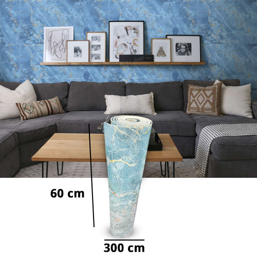Light Blue Marble Design Adhesive Tape Wall Foam Roll (3M X 60cm)