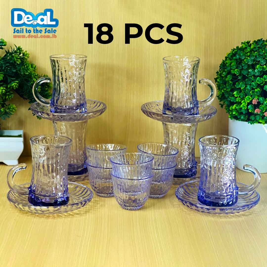 Light Purple Glass Set of 6 Pcs Tea Cup with Handle and 6 Saucer with 6 Pcs Arabic Coffee Cups