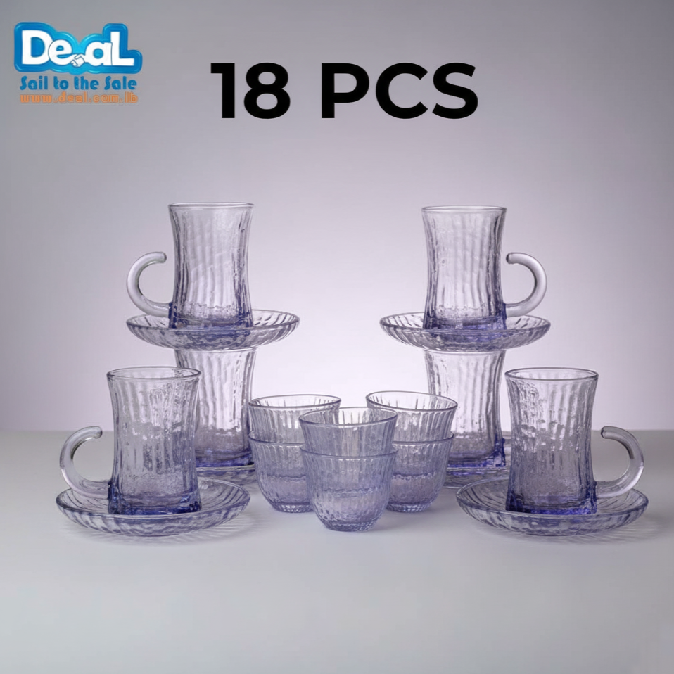 Light Purple Glass Set of 6 Pcs Tea Cup with Handle and 6 Saucer with 6 Pcs Arabic Coffee Cups