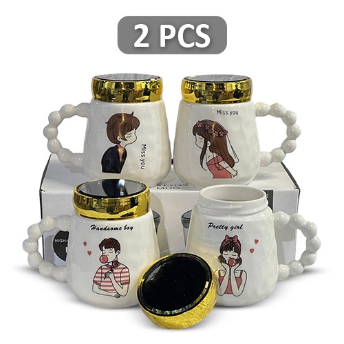 Lovers 2 Pcs set Ceramic Coffee Mug With Lid Mirror Elegant Style