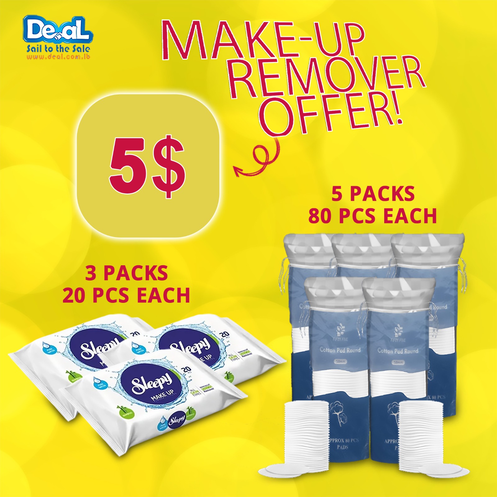 Makeup Remover Offer of 3Packs Of Wipes 20 Pcs Each and 5 Packs Of Cotton Pad 80Pcs Each