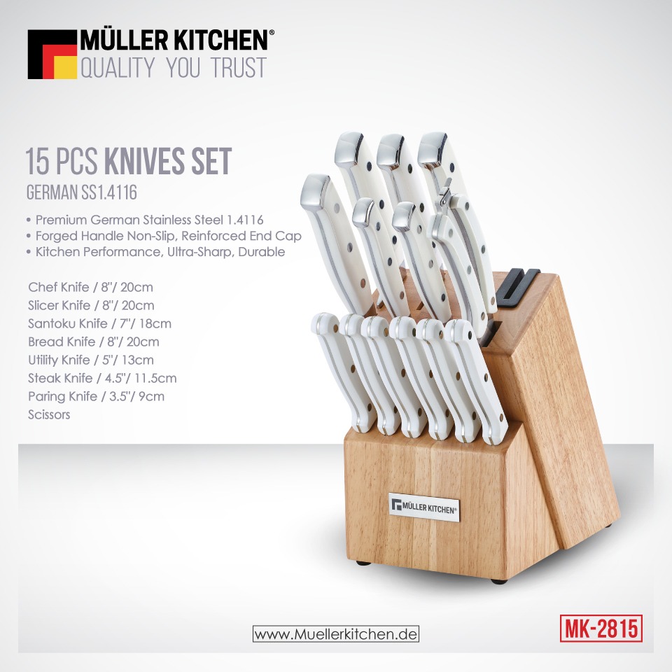 Muller Kitchen 15 Pieces Knives Set with Wooden Stand (White)