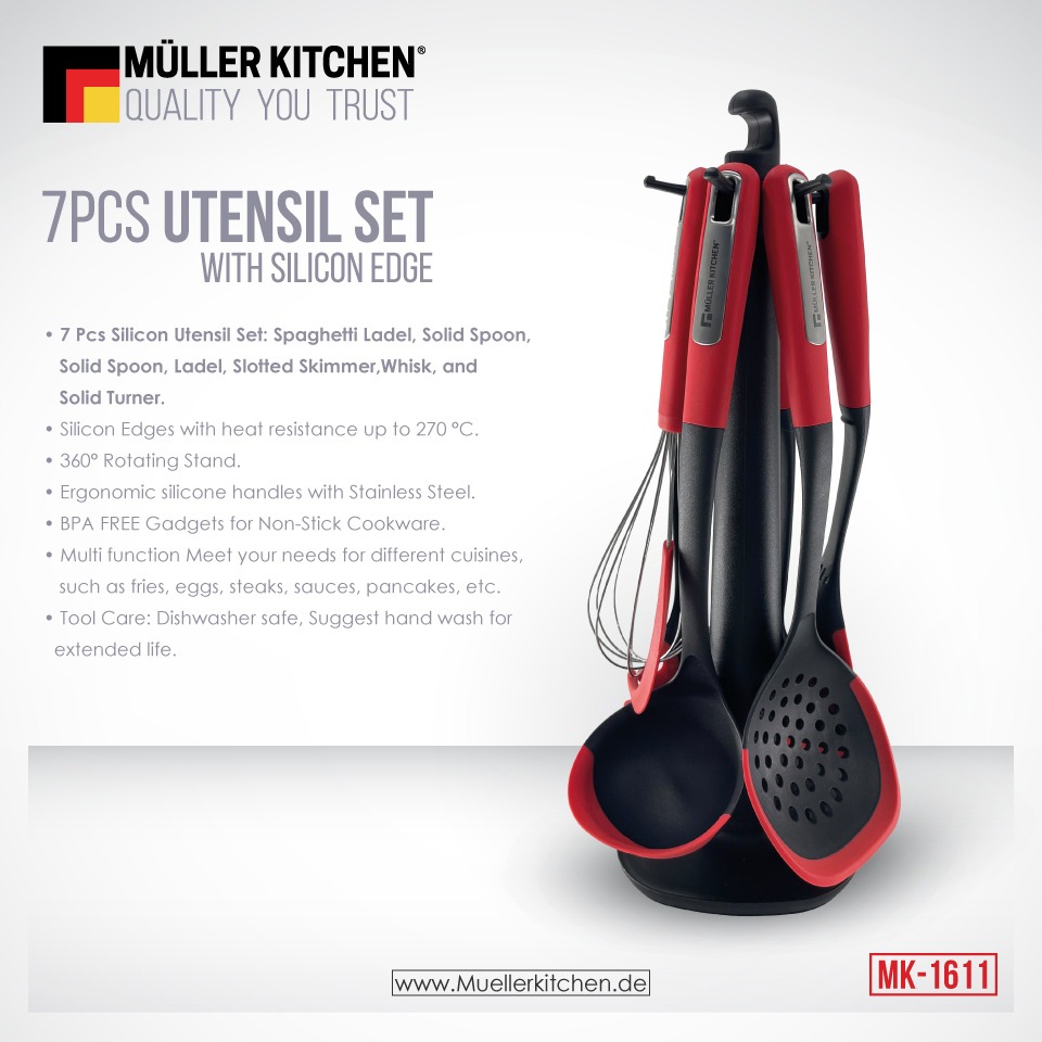 Muller Kitchen 7 Pieces Utensil Set with Silicone Edge and Rotating Stand