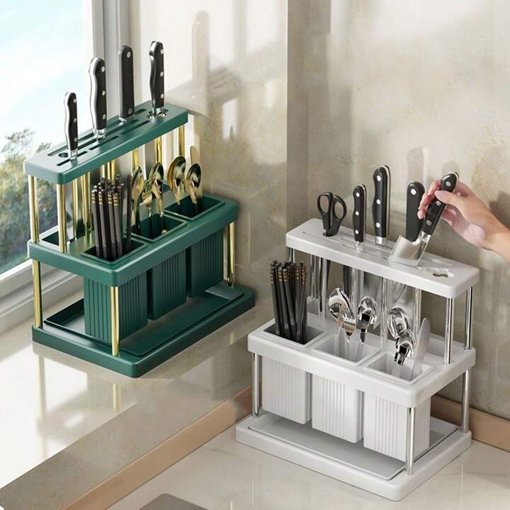 Multi-Functional Kitchen Utensil Organizer Rack Knife & Cutlery Holder with Drainage Compartments Space-Saving Countertop Storage Stand for Spoons, Forks, Chopsticks, and Knives”