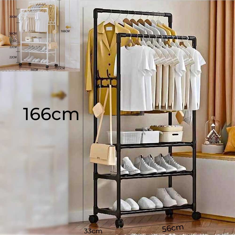 Multi-Tier Clothes Rack with Double Hanging Rods and 3-Tier Storage Shelves Freestanding Garment Organizer with Wheels,Space-Saving Wardrobe Stand for Bedroom, Entryway, or Laundry Room