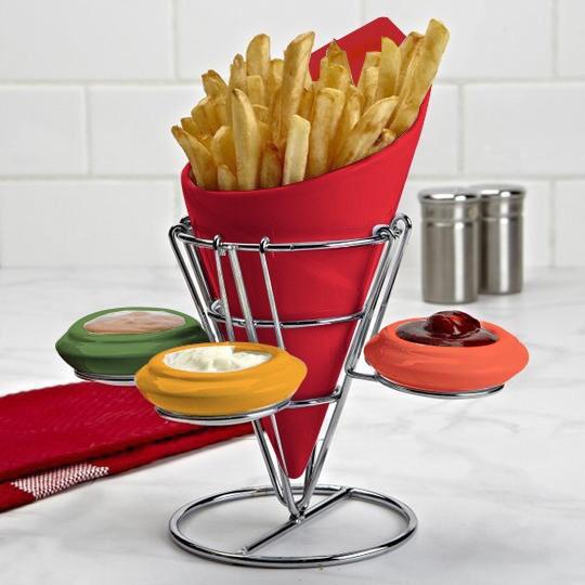 Multi purpose Ceramic French Fries along with 3 Dip Sauce bowls holder rack with Stainless Steel Stand