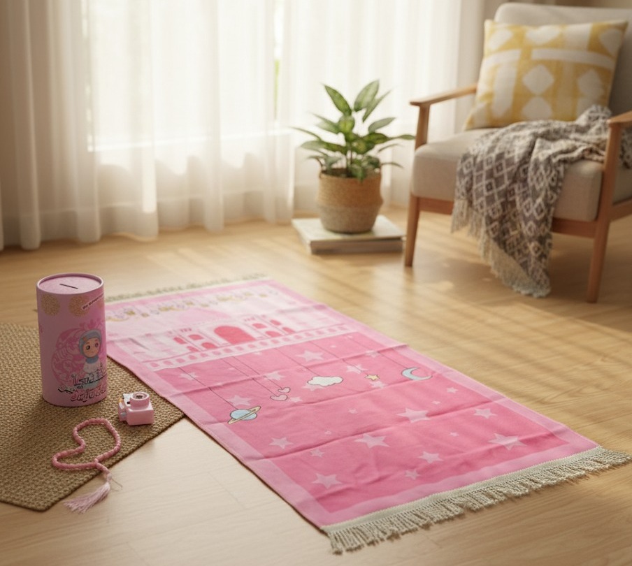 سجادة صلاة للأطفال وردية – طقم 5 قطع | Kids’ Pink Prayer Mat Set – 5 Pcs