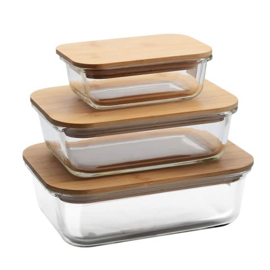 Rectangular Glass Food Storage Containers with Wooden Lids Multi Use Kitchen Organization Mixing Bowls Meal Lunch Box Leakproof Microwave and Freezer Safe Set of 3 Pcs