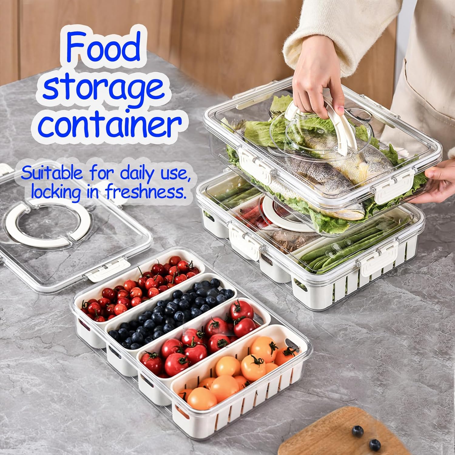 Refrigerator Storage Box 4 Grid Vegetable Fruit Storage Box Fridge Organizer Drain Basket Onion Clear Crispers Clear For Salad,Fruits, Vegetables