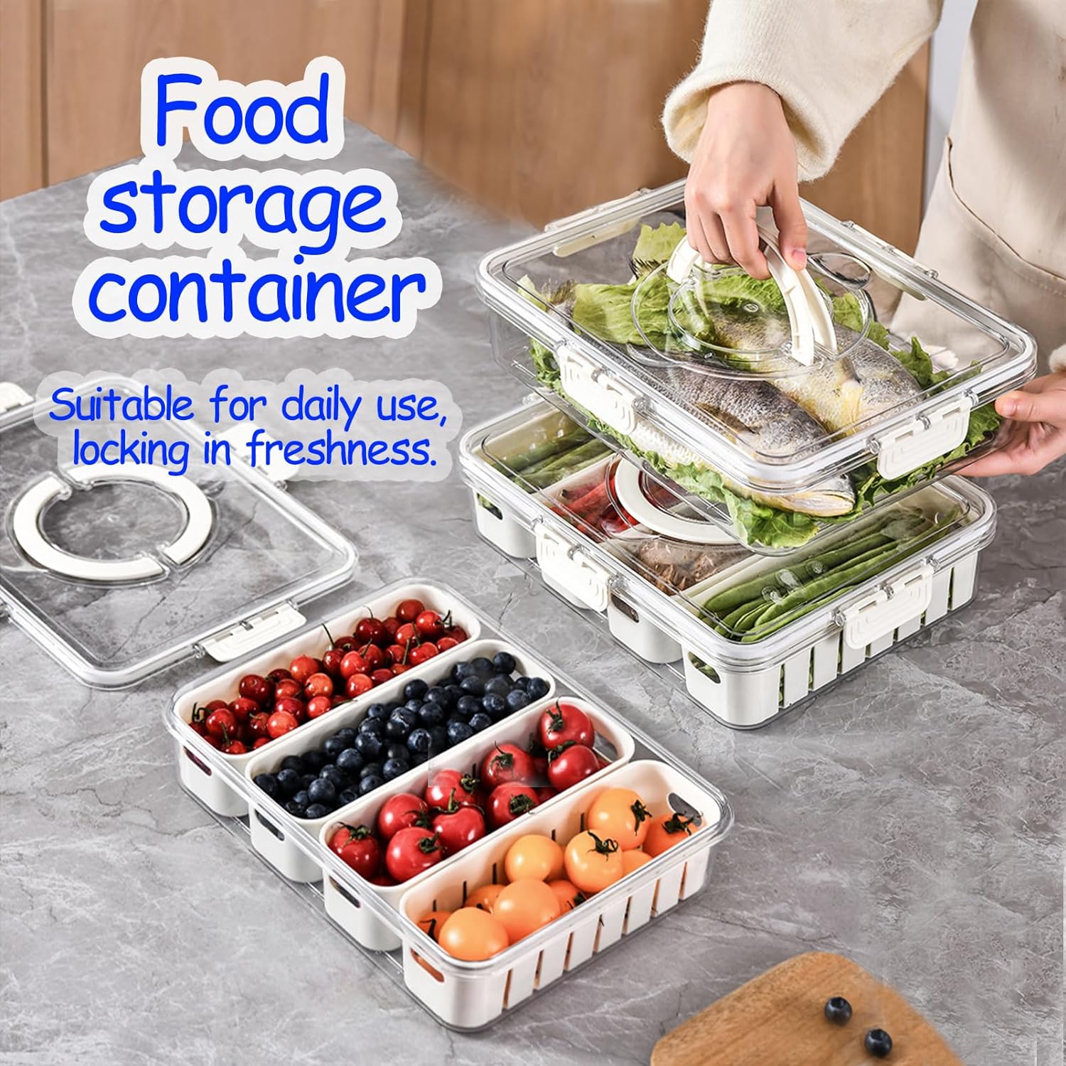 Refrigerator Storage Box 4 Grid Vegetable Fruit Storage Box Fridge Organizer Drain Basket Onion Clear Crispers Clear For Salad,Fruits, Vegetables