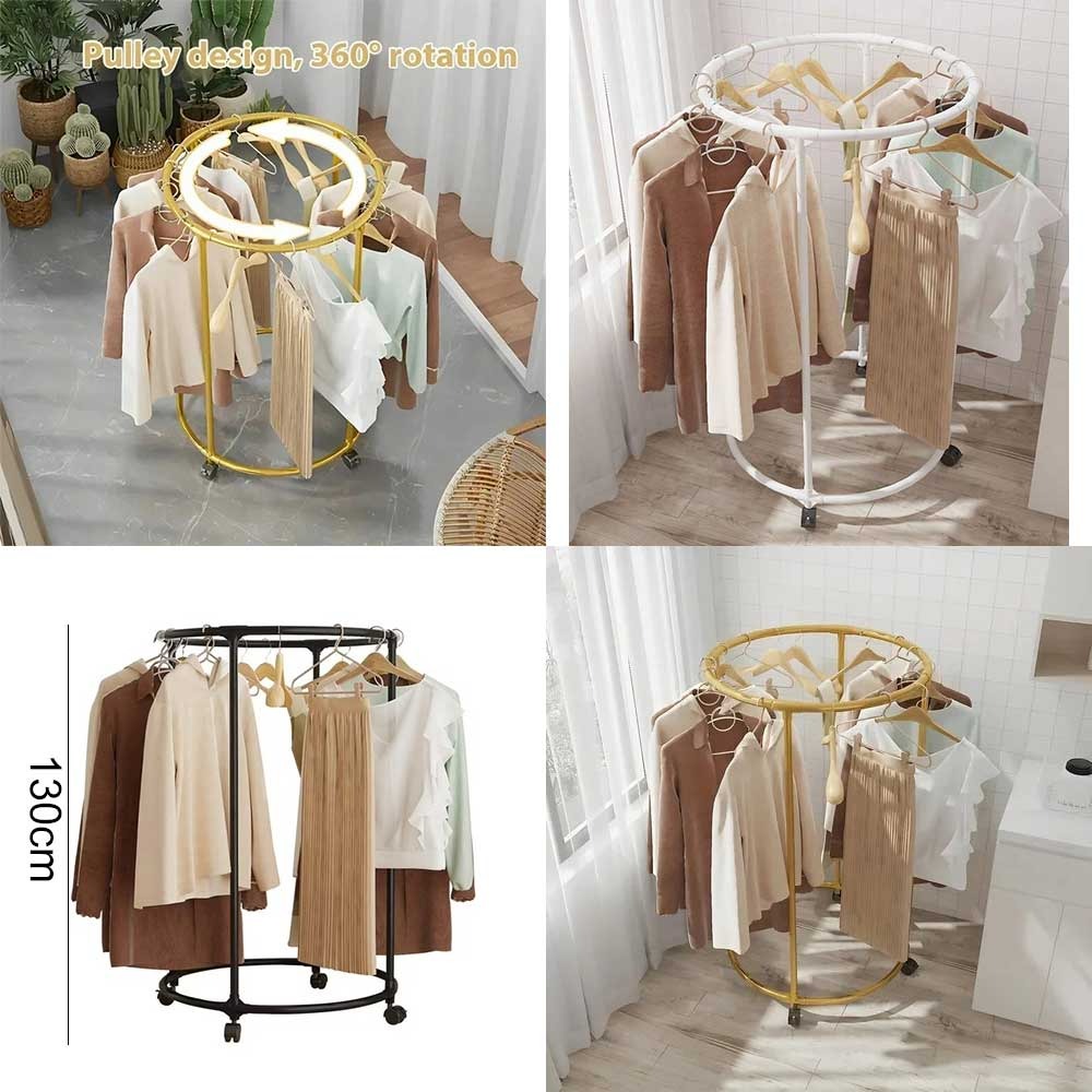 Round Garment Rack – Freestanding Metal Clothing Display with Wheels, Rotating Spiral Dress Rack for Retail & Home