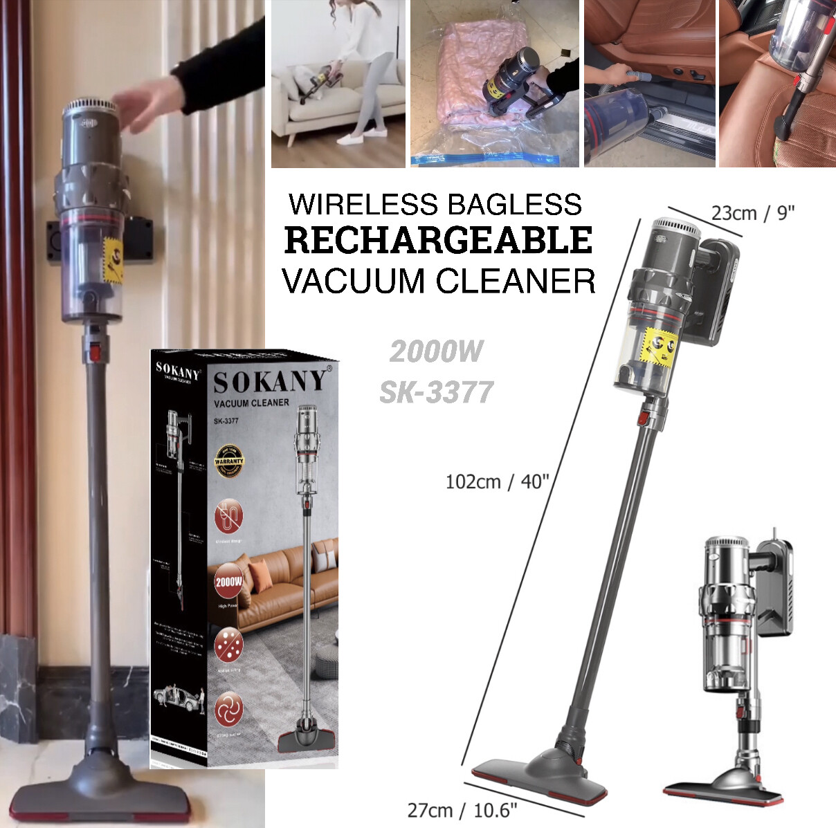 SOKANY SK-3377 Smart Home 2000W Cordless Wireless Handheld Vacuum Cleaner 18KPa Suction Power Removable Battery 1.1L Dust Cup