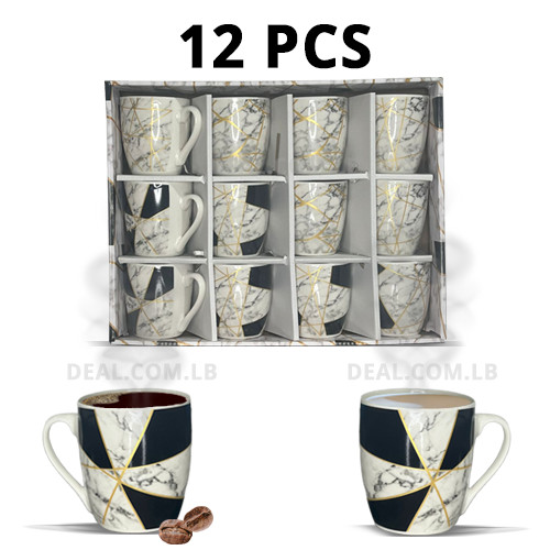 Set Of 12 Pcs Nescafe & Hot Drinks Black Golden Marble Design Ceramic Mugs