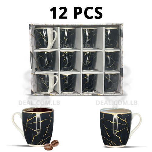 Set Of 12 Pcs Nescafe & Hot Drinks Black Marble Design Ceramic Mugs