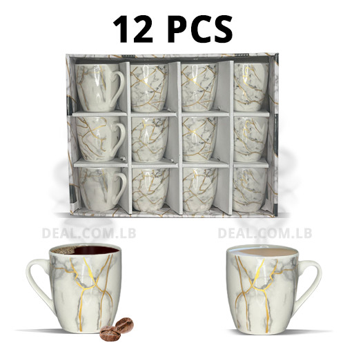 Set Of 12 Pcs Nescafe & Hot Drinks Marble Design Ceramic Mugs