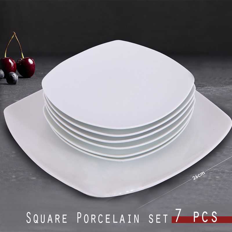 Set Of 7 pcs Square White Upturned Corner Porcelain Plate