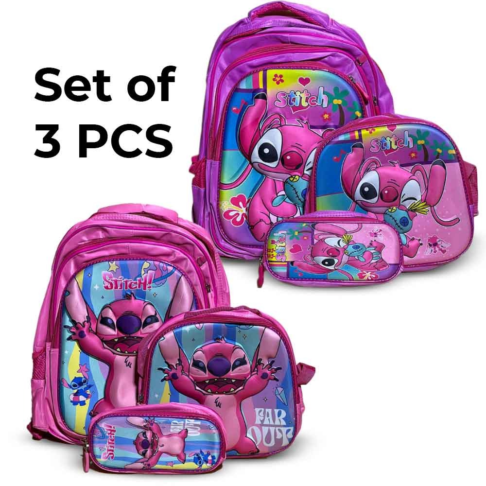 Set of 3 Pieces Stitch School Bag 16 Inch(Backpack + Pencil Case + Lunch Bag) Pink Color