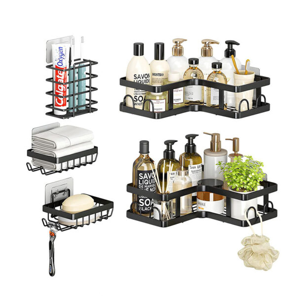 Set of 5 Self Adhesive Stainless Steel Shower Caddy Set Including 2 Shampoo Holders 1 Toothbrush and Toothpaste Holder and 2 Soap Holders