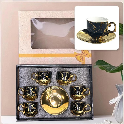 Set of 6 Pcs Ceramic Turkish Coffee Cups Black and Gold Marble Design with 6 Saucer