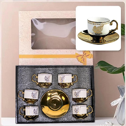 Set of 6 Pcs Ceramic Turkish Coffee Cups White and Gold Leaf Design with 6 Saucer