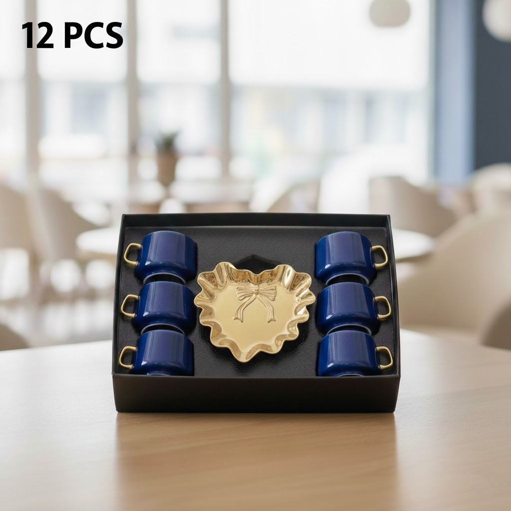 طقم قهوة 12 قطعة (أزرق ملكي وذهبي) | Royal Blue & Gold Coffee Set (12 Pcs)