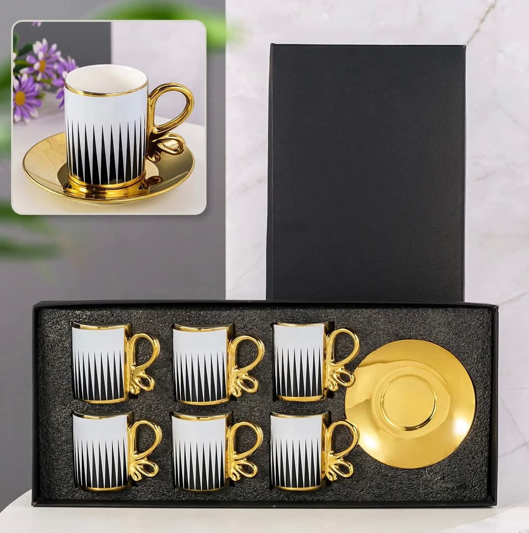 Set of 6 Pcs White and Gold Ceramic Coffee Cups with 6 Saucer Modern and Elegant Design