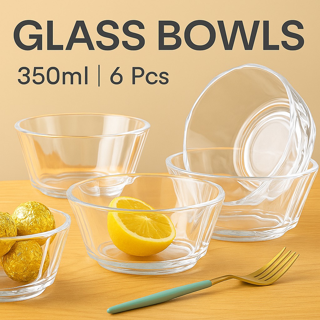 Set of 6 Pieces Clear Glass Bowls 350ML,Ice Cream,Nuts,Dessert,Soup Bowls