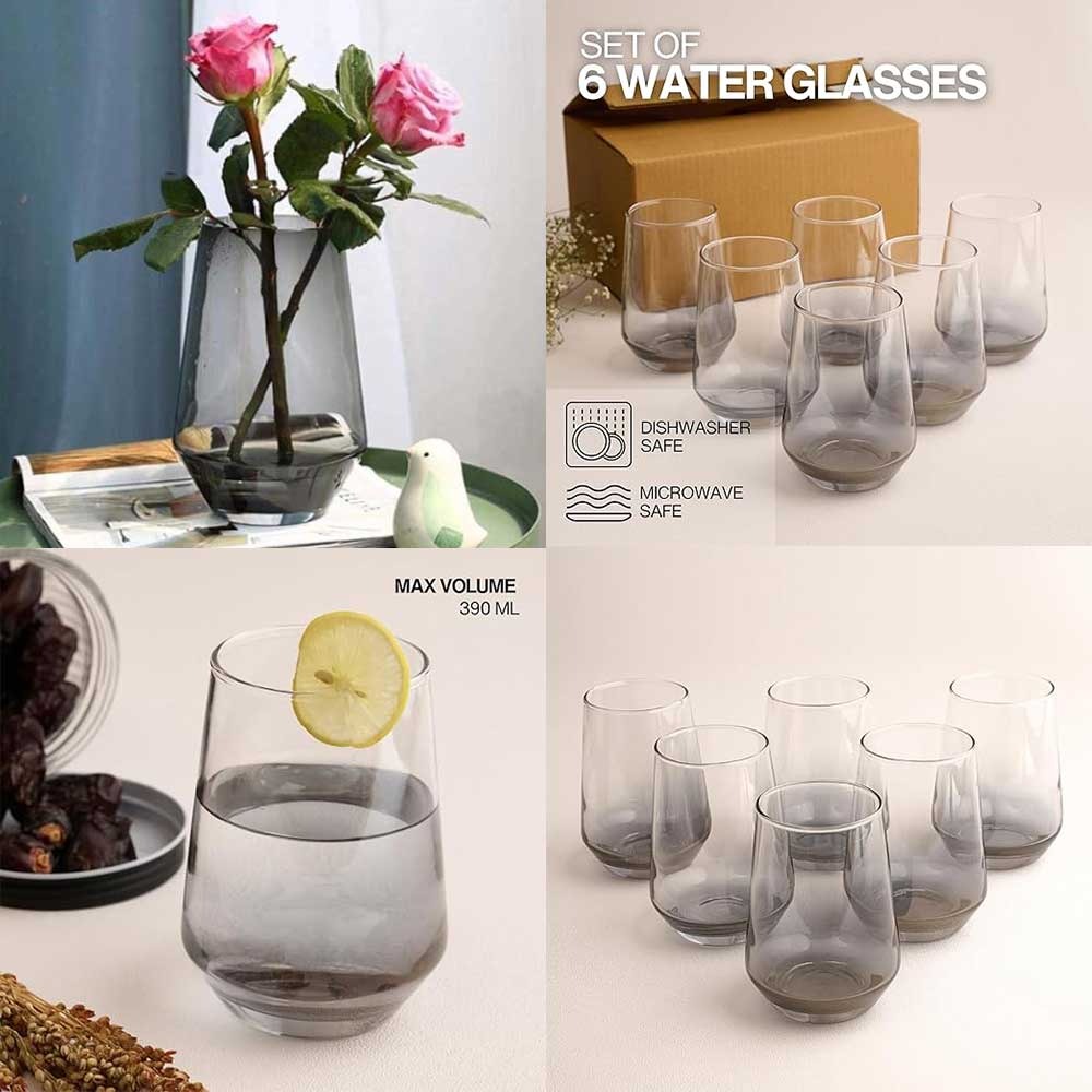 Smokey Grey 6 Pieces Water Glasses 390ml Each,Modern Glass Cups