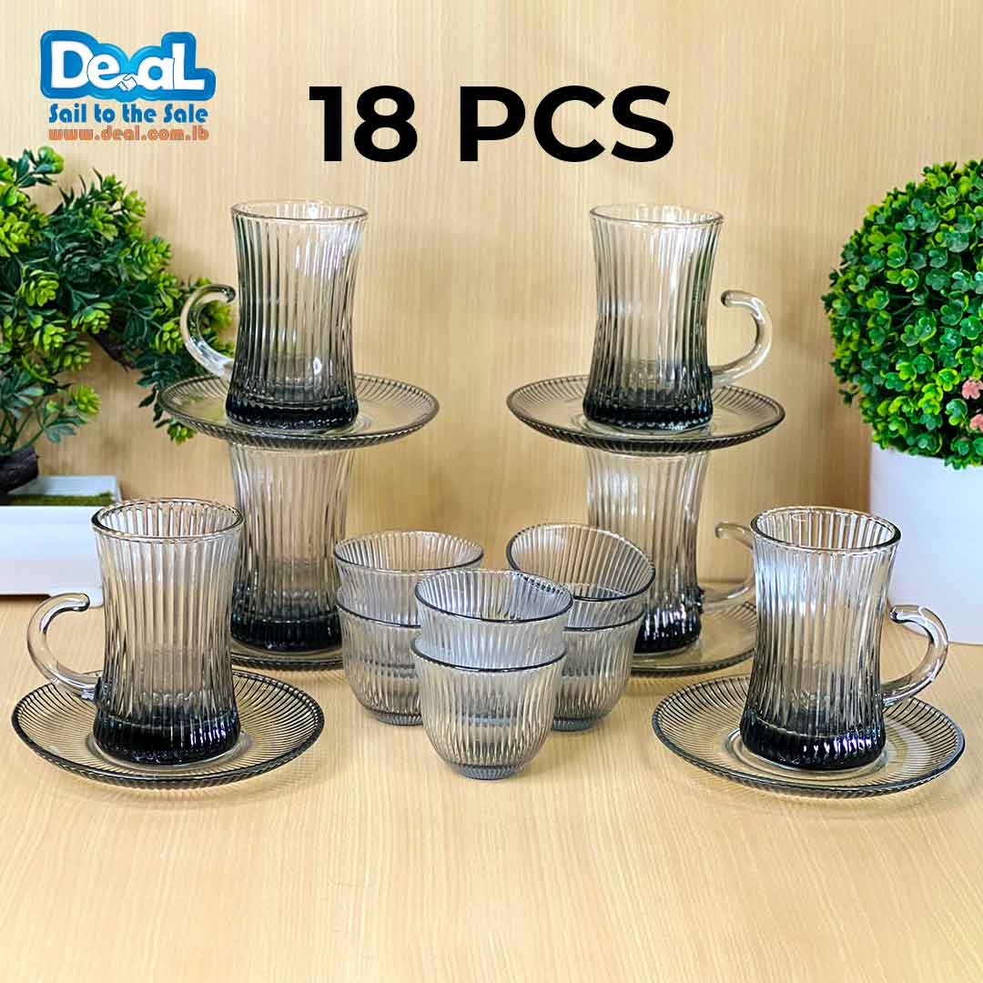 Smokey Grey Glass Set of 6 Pcs Tea Cup with Handle and 6 Saucer with 6 Pcs Arabic Coffee Cups