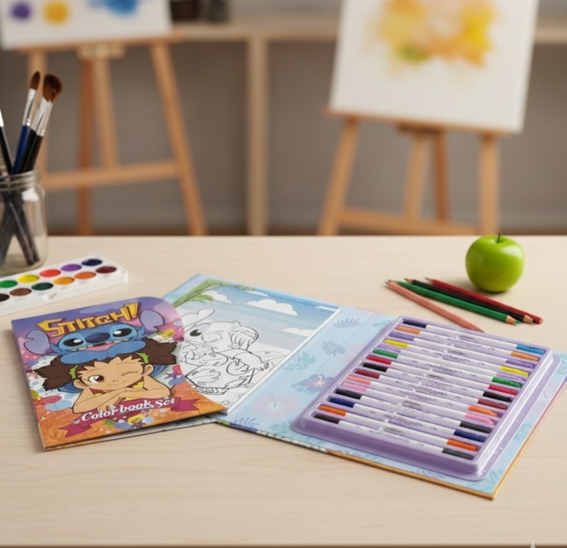 Stitch Creative Arts Set - Includes an adventure-filled coloring book and vibrant crayons, to develop children's drawing and artistic expression skills.