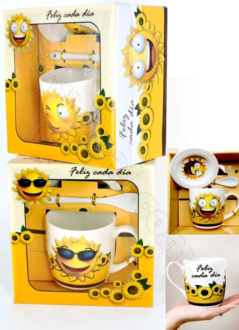 Sun face design mug with plate and spoon