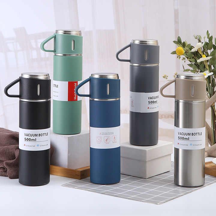 Thermos Flask Stainless Steel Vacuum Bottle Set 500 ml with 3 Drinking Cups Keeps Hot 12 Hours, Cold 12 Hours