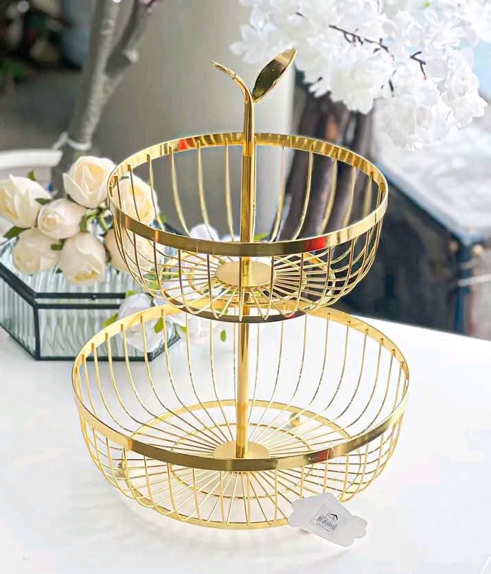 Tiered Fruit Bowl, 2 Tier Fruit Basket, Golden Fruit Basket Iron Round Golden