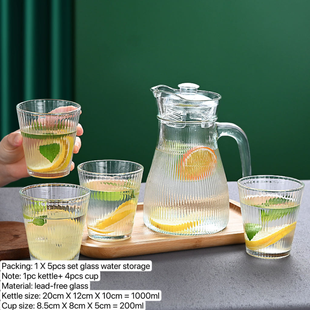 Transparent Glass Water Jug with Lid and 4 Cups,For Juice,Drink,Water,Lemonade,Cold Drink
