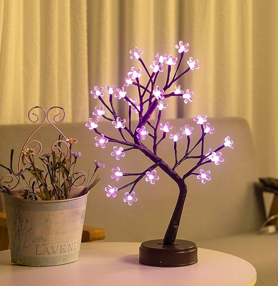 Tree Lamp, USB Battery Lighted Tree,Suitable for Bedroom,Desktop,Christmas,Party,Indoor Decoration, Gift Tree Lights (Pink Flower)