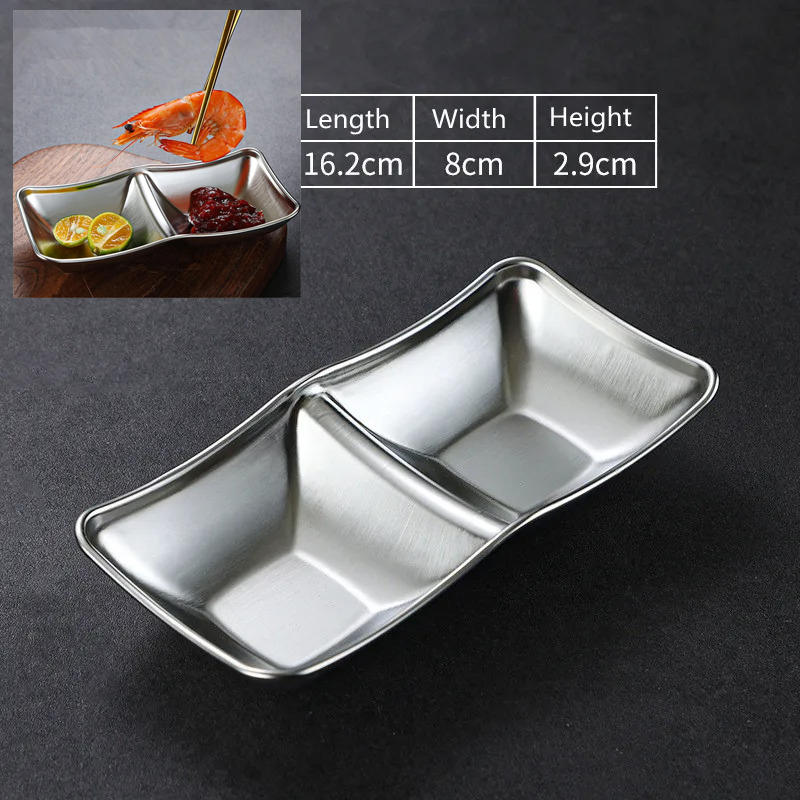 Two grid silver Stainless Steel Seasoning Dish Hot Pot Dipping Bowl Soy Sauce Barbecue Sushi Vinegar Plate Condiment Tray Kitchen Tableware