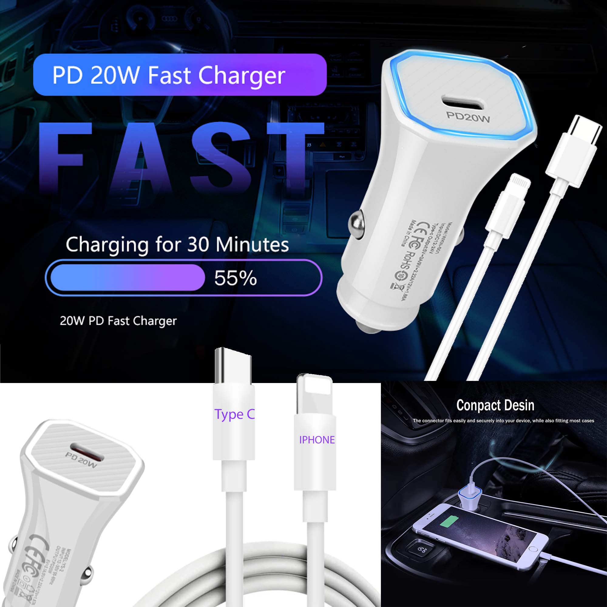 USB C Car Charger with 1 USB C Port 20W Fast Charger Compatible with iPhone 13 Pro Max 13 12 Pro 12