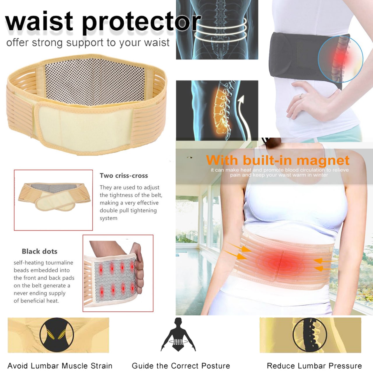 Self-Heating Waist Belt, Premium Materials Waist Support Skin-Friendly for Pain Relief for Sport Protection