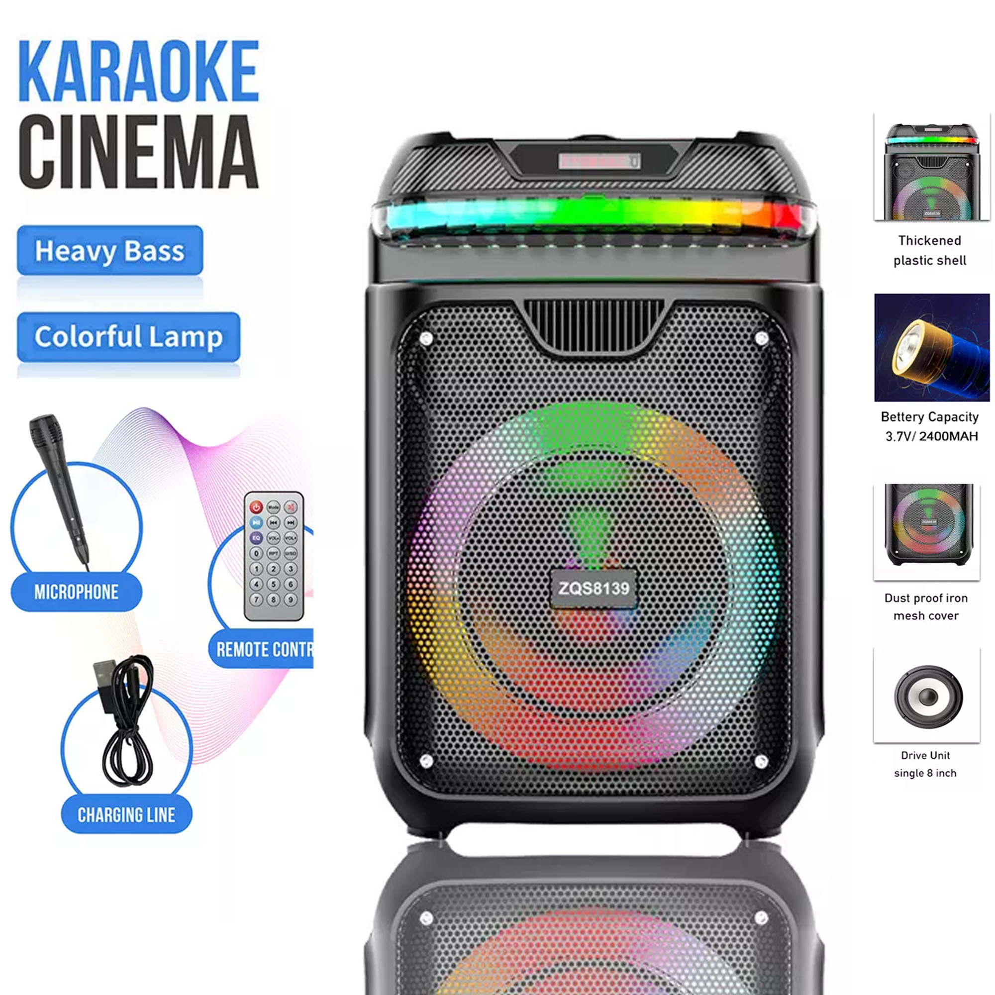ZQS 8139 8 inch Rechargeable Portable Wireless Karaoke Bluetooth Karaoke Speaker with FREE MIC