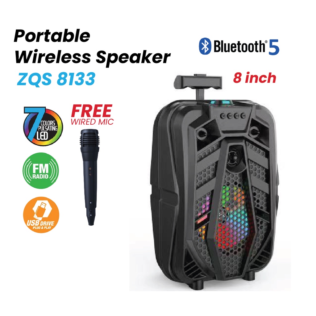 ZQS8133 Karaoke Wireless Luggage Bluetooth 8 Inch 15W Portable Speaker With Led Light Mic Function,Radio&USB INPUT