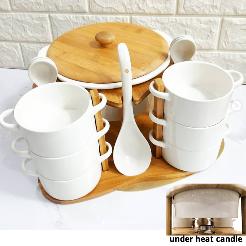 soup tureen set with bamboo base