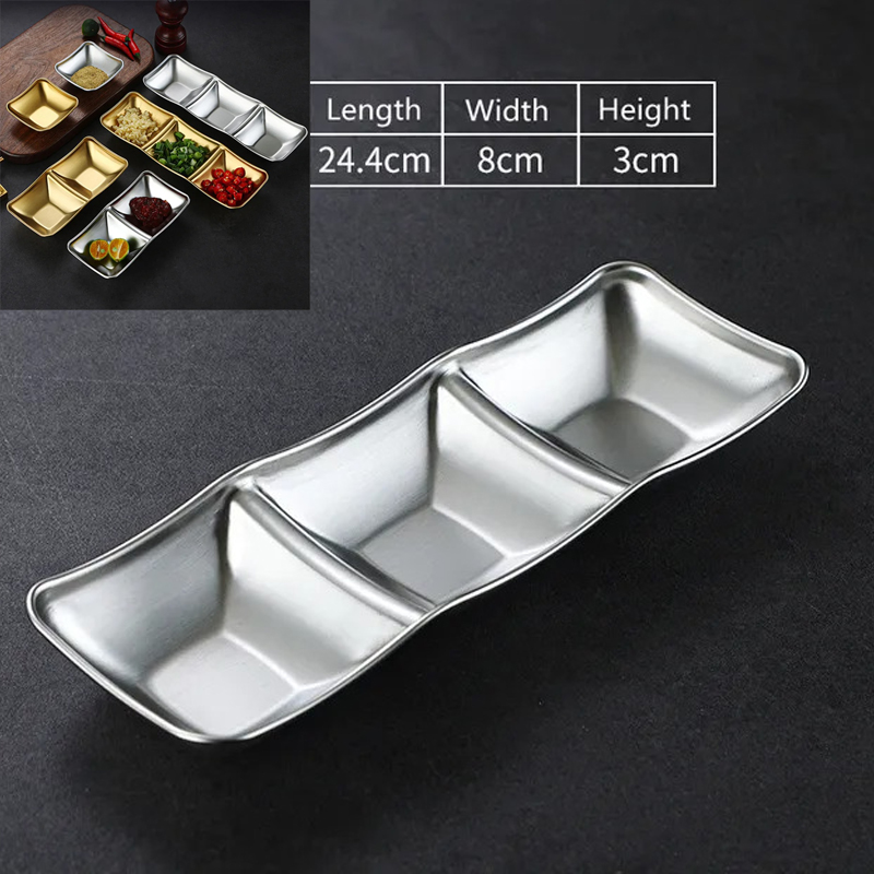 three grid silver Stainless Steel Seasoning Dish Hot Pot Dipping Bowl Soy Sauce Barbecue Sushi Vinegar Plate Condiment Tray Kitchen Tableware