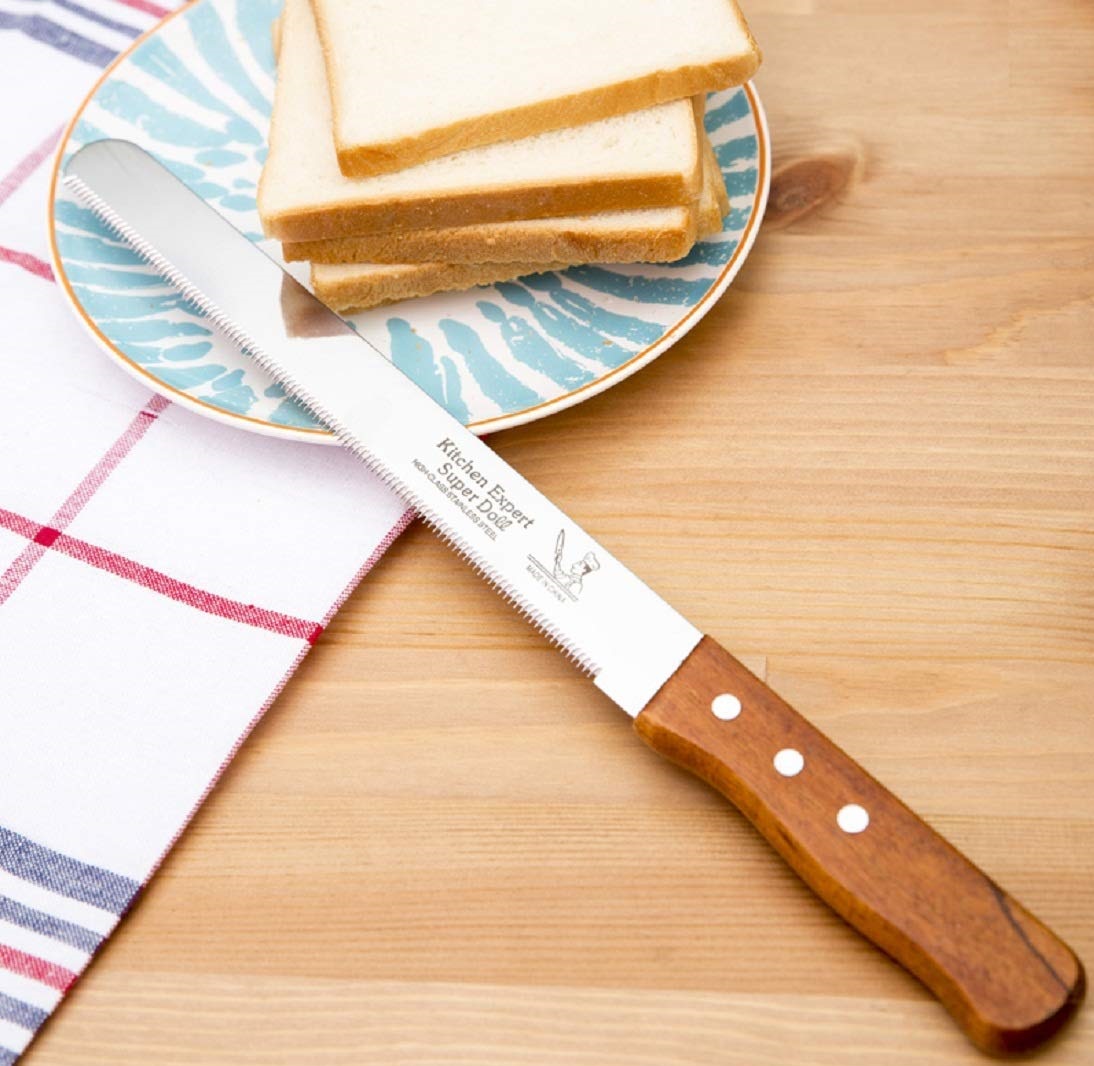 wood+handle+stainless+steel+serrated+bread+cutter+cake+knife