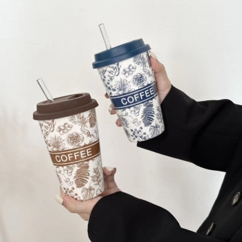 Modern+Design+Ceramic+Coffee+Mug+with+Silicone+lid+and+Glass+Straw